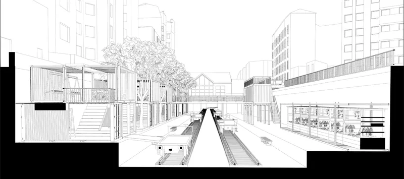 Sectional perspective illustrating the adaptive reuse strategy, where modular containers frame circulation and activate the railway corridor as a continuous public space.