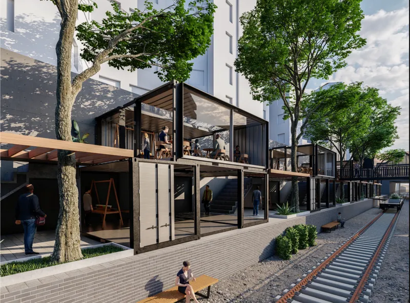 Elevated modules and bridges stitch both sides of the site, enabling continuous movement and visual connectivity.
