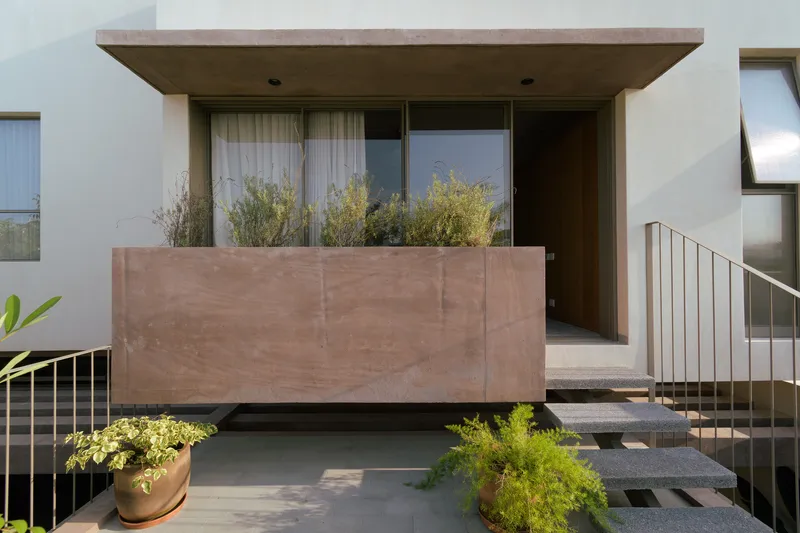 Entry terrace with cantilevered planter box filled with grasses framing glazed doors and floating concrete steps