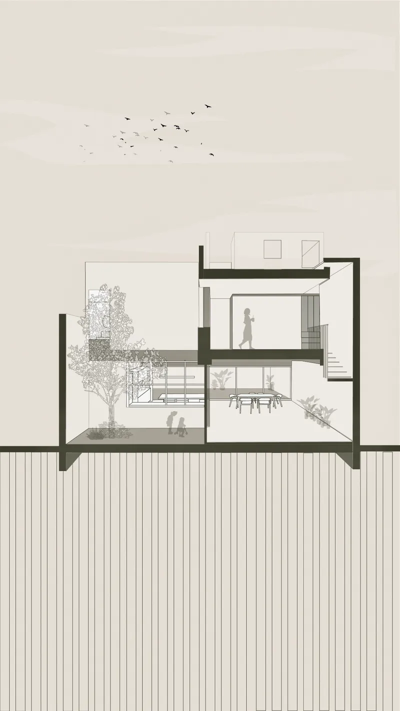 Section drawing showing split-level interior spaces with figures, trees, and flying birds overhead