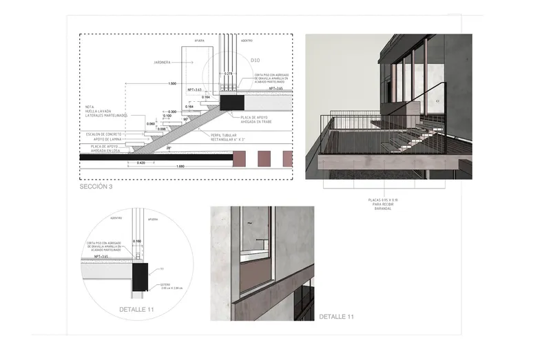 Construction details showing section drawings and photographs of concrete slab, railing, and glazing connections