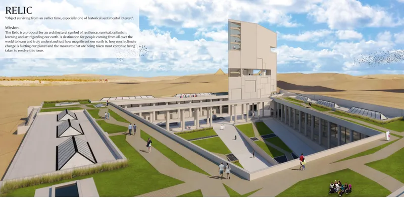 Monumental desert complex framing a sustainable architecture vision rooted in history and climate awareness.