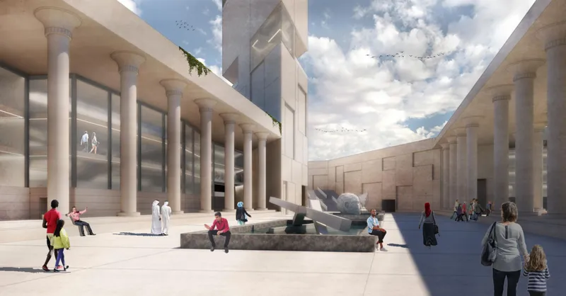 Colonnade courtyard blending ancient spatial language with contemporary environmental design strategies.