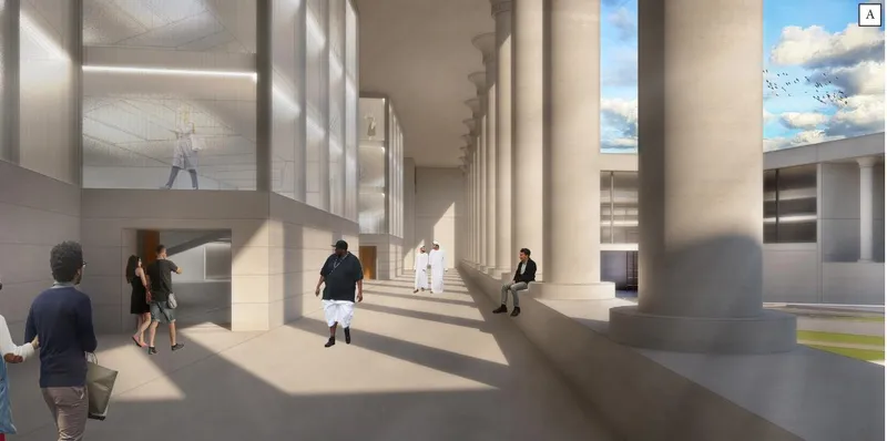 Transitional corridor activating movement, light, and shadow within a processional architectural sequence.