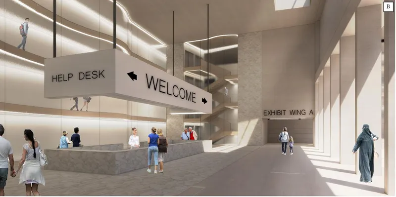 Entrance lobby integrating circulation, orientation, and exhibition into a unified spatial experience.