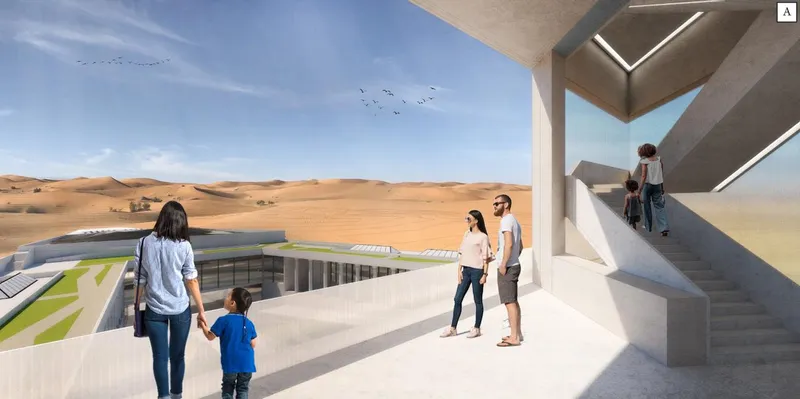 Elevated viewing platform connecting visitors to the vast desert landscape and historic pyramids.