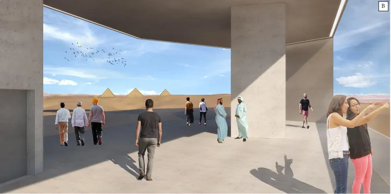 Framed vista reinforcing axial alignment and contextual dialogue with Giza’s monumental heritage.