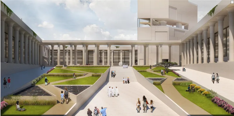 Central court landscape orchestrating movement, gathering, and passive cooling through green interventions.
