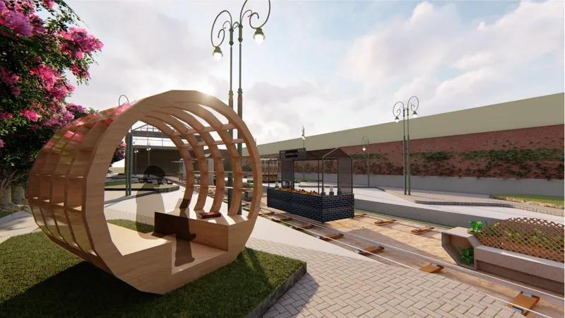A sculptural wooden pavilion creates an intimate pause within the linear urban corridor.