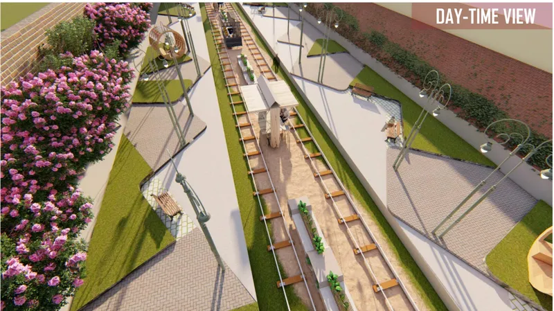 Aerial view reveals adaptive urban design layering programs along historic tracks.