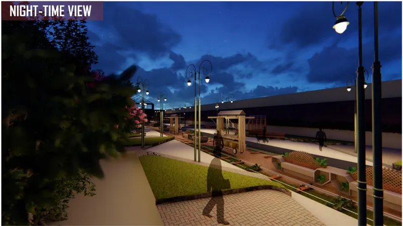 Night lighting enhances safety while transforming the space into an atmospheric social spine.