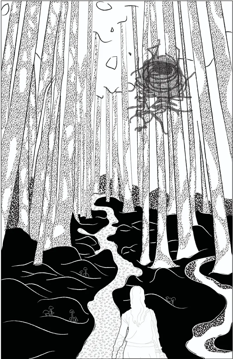 Dense forest path evokes uncertainty and discovery, guiding the user through a tactile and immersive spatial sequence.