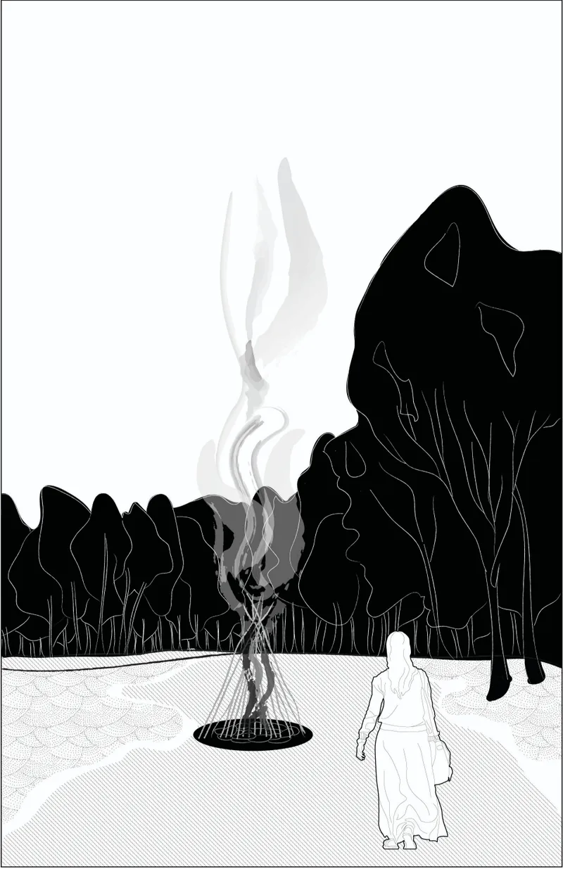 Clearing with a central hearth, where fire becomes a focal point of gathering, warmth, and transition within the forest journey.