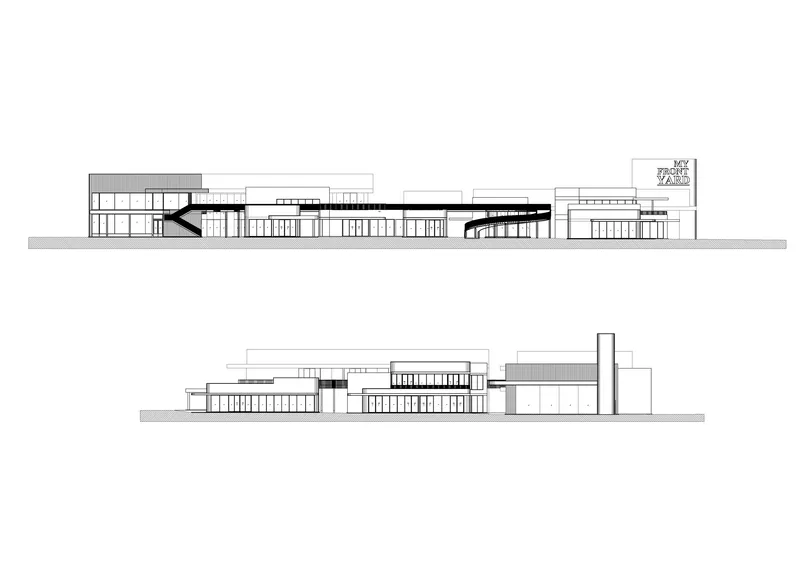 Elevation drawings showing low horizontal volumes with varying roof profiles and vertical tower element