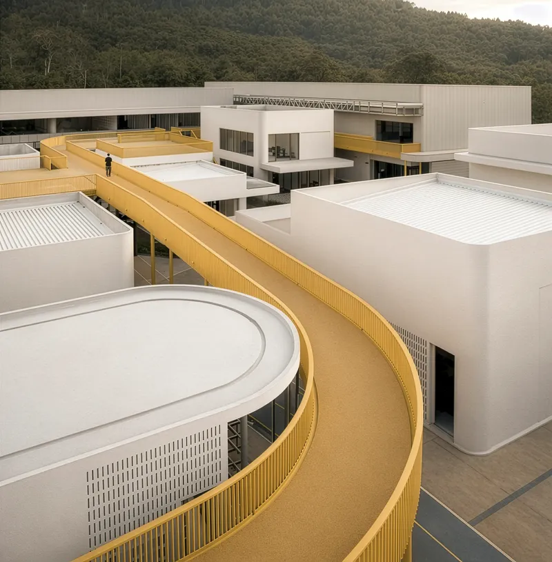 Elevated walkway with yellow metal railing wrapping around white pavilion volumes beneath forested hillside