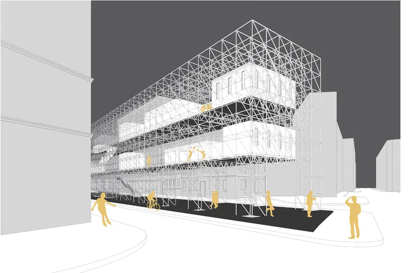 Linear scaffold structure activating street edge with accessible circulation