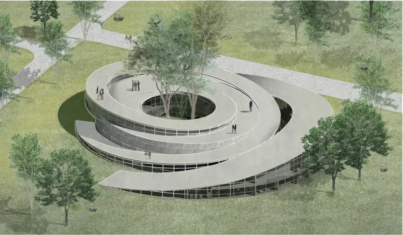 Spiral habitat form integrating architecture with a protected koala ecosystem.