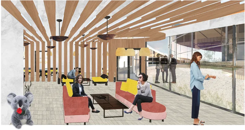 Warm, biophilic interior designed for education, rest, and immersive experience.