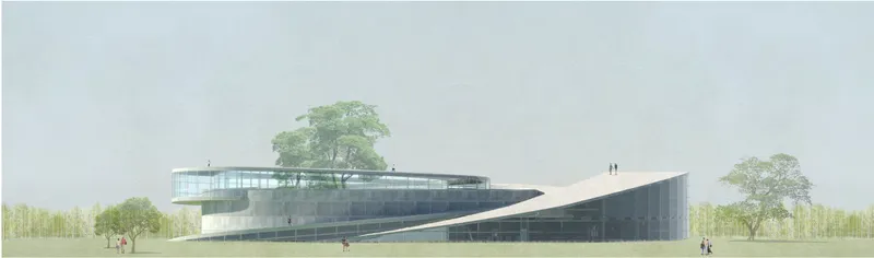 Low-profile, landscape-integrated structure emphasizing ecological continuity.