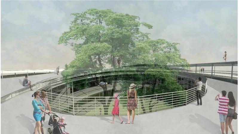 Elevated public circulation framing a central living habitat for koalas.