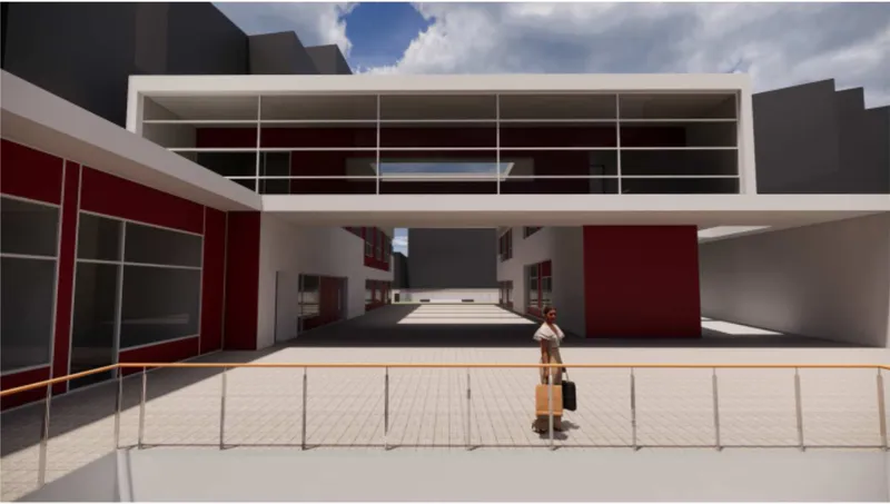 Linear architectural volumes define movement while bridging across the urban void.