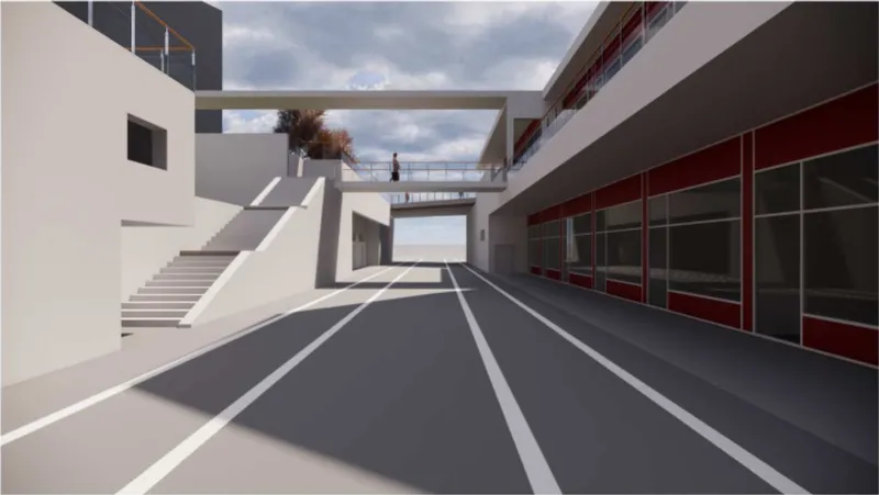 Linear corridor beneath the canopy connects circulation, commerce, and movement through a continuous urban passage.