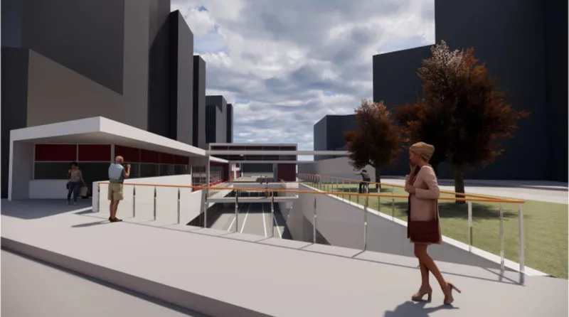 Elevated promenade reconnecting city level with the platform through a continuous public walkway.