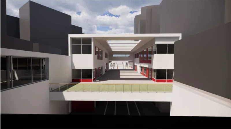 The canopy frames a central courtyard, creating a porous civic space between built volumes.