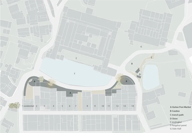 Site plan showing a curved building anchoring residential blocks and a pond at the urban edge