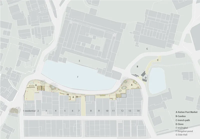 Floor plan highlighting the ground level with market hall and trench path winding through residential units