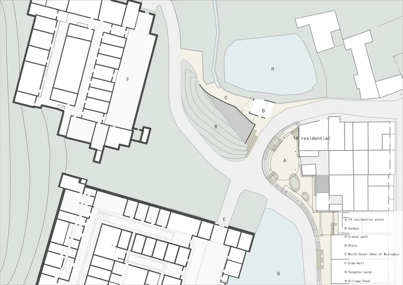 Site plan drawing of the curved market building alongside linear residential blocks and a pond