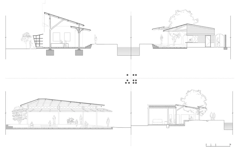 Section drawings showing pitched roofs, raised platforms, and landscape with trees and figures
