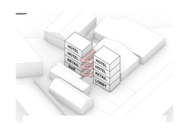 Axonometric drawing showing two labeled towers with connecting bridges highlighted in pink between surrounding structures