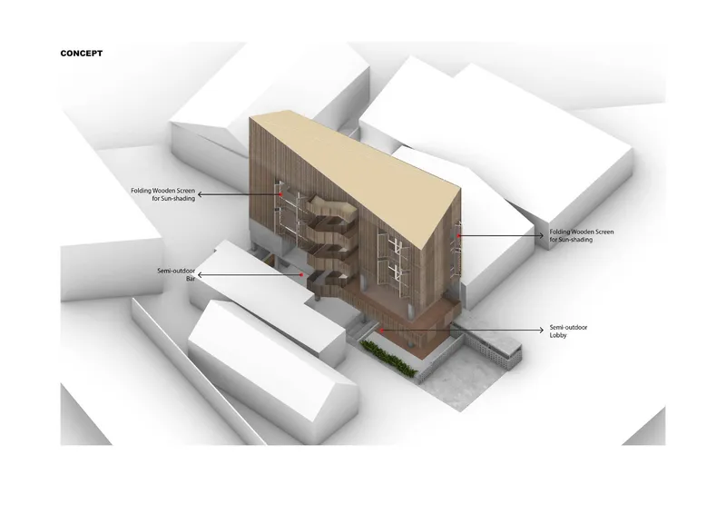 Axonometric cutaway showing timber screen facade with spiral staircase and annotated lobby spaces