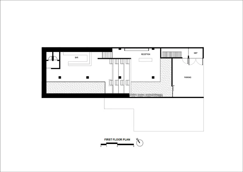 First floor plan drawing showing reception area, bar, and parking zones with central staircase