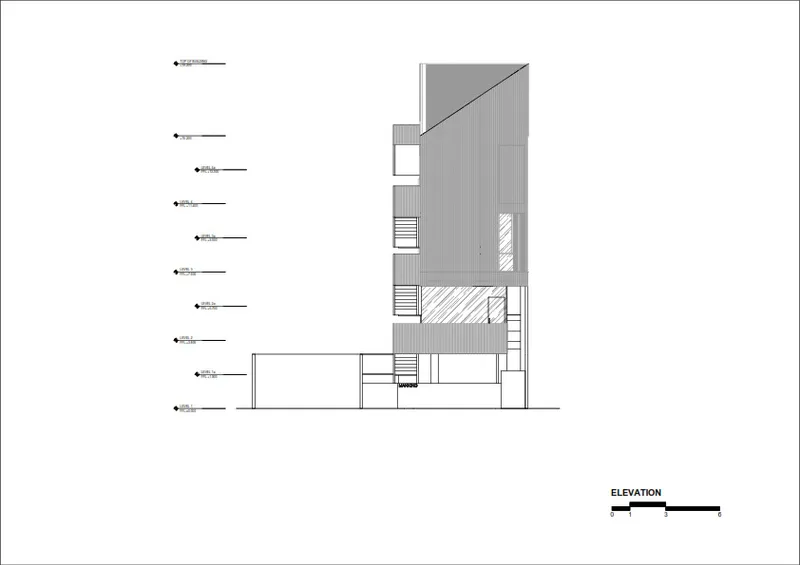 Elevation drawing showing a stacked vertical tower with varying floor heights and materials