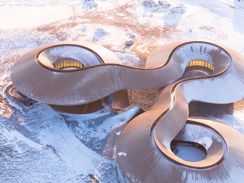 Aerial of the entire roof showing the three lobes joined into a triskelion form