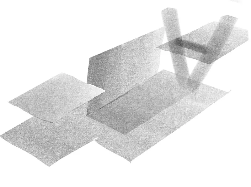 Axonometric drawing showing intersecting planar roof volumes and cylindrical elements casting shadows