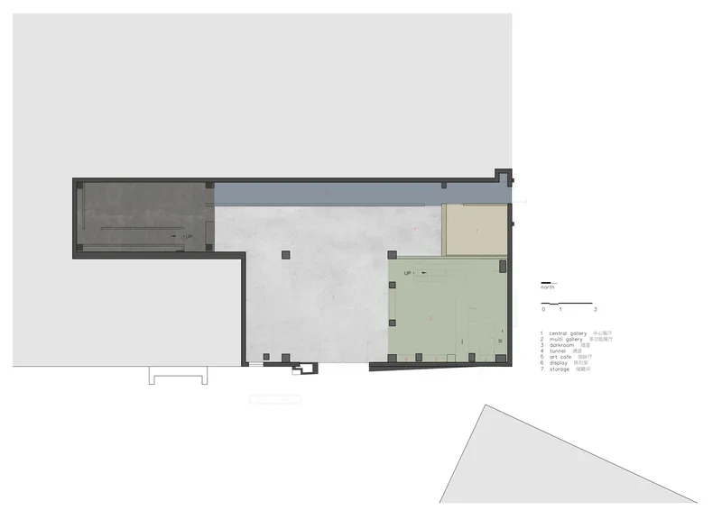 Floor plan with color-coded zones showing an L-shaped layout with central open area