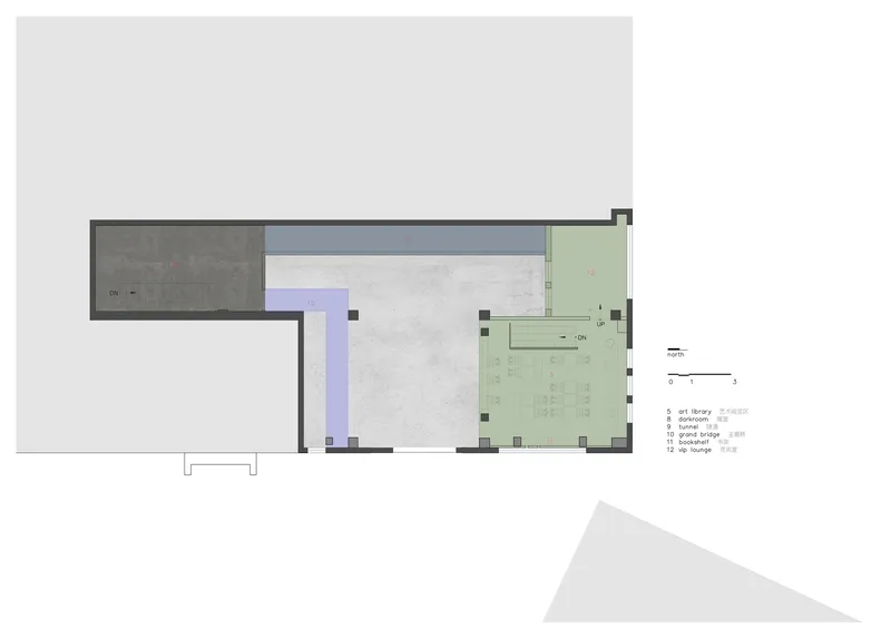 Floor plan with color-coded program areas including lounge and gallery spaces in L-shaped configuration