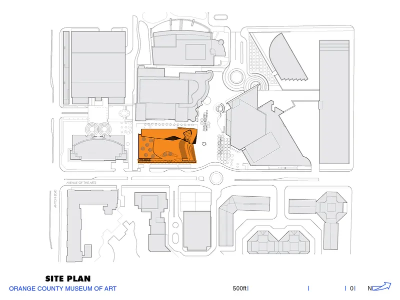 Site plan drawing showing the building footprint highlighted in orange among surrounding campus structures