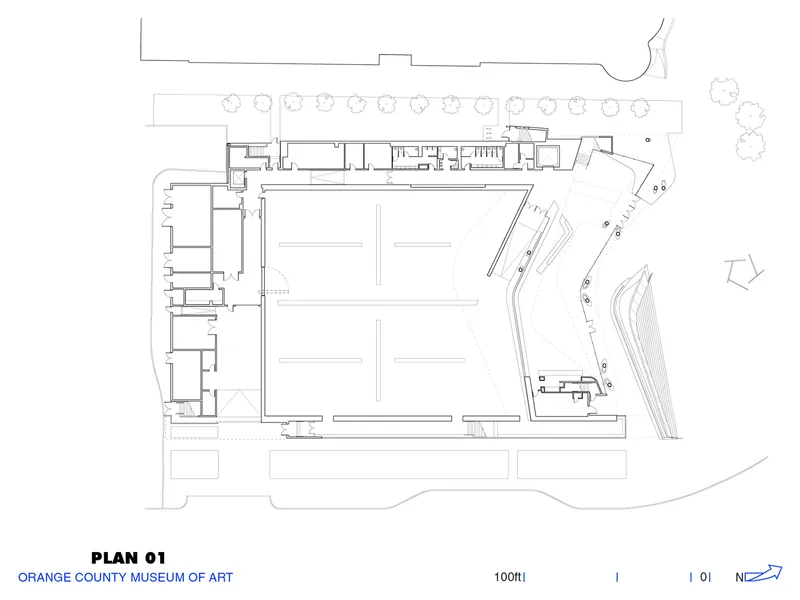 Floor plan drawing showing gallery halls with support spaces and angled entry wing