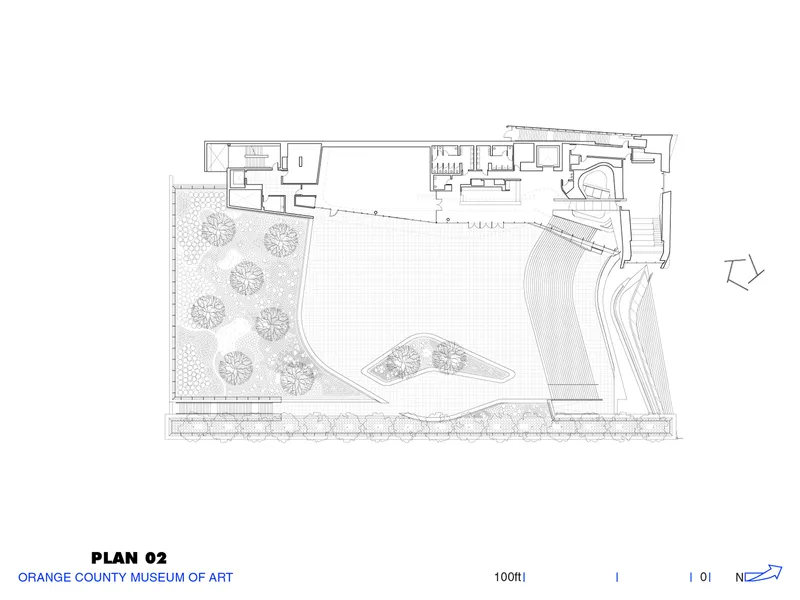Floor plan drawing showing rooftop garden with circular planted beds and curved interior gallery space