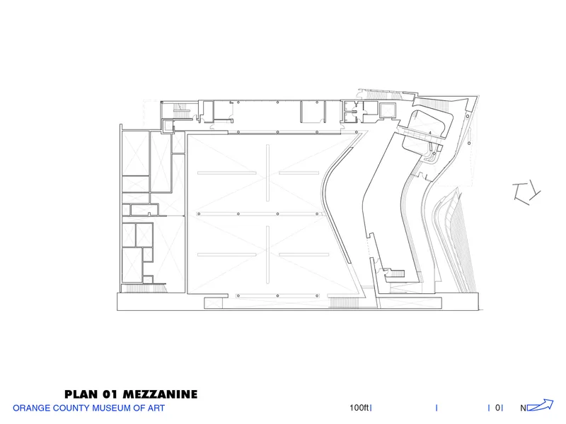 Mezzanine floor plan drawing showing a large rectangular gallery space with curved glazing along one edge