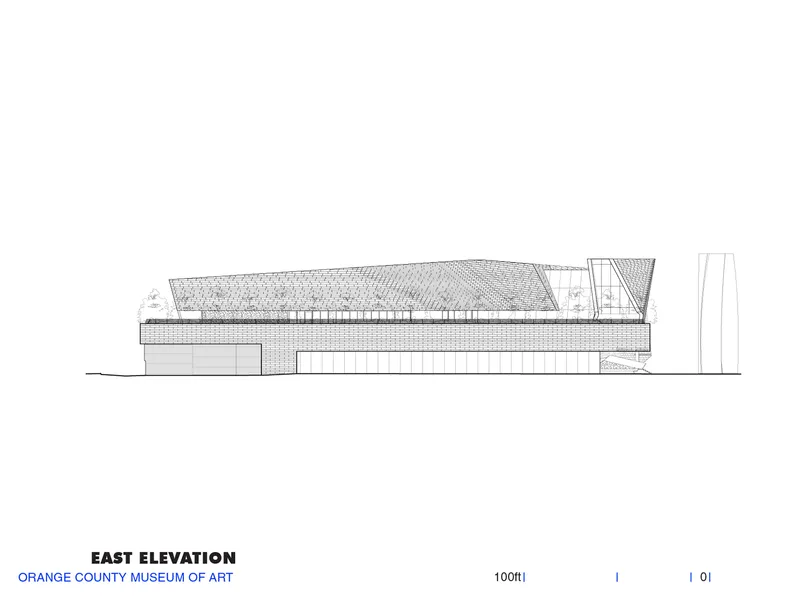 East elevation drawing showing a long horizontal volume with a sloping textured roof and vertical tower element