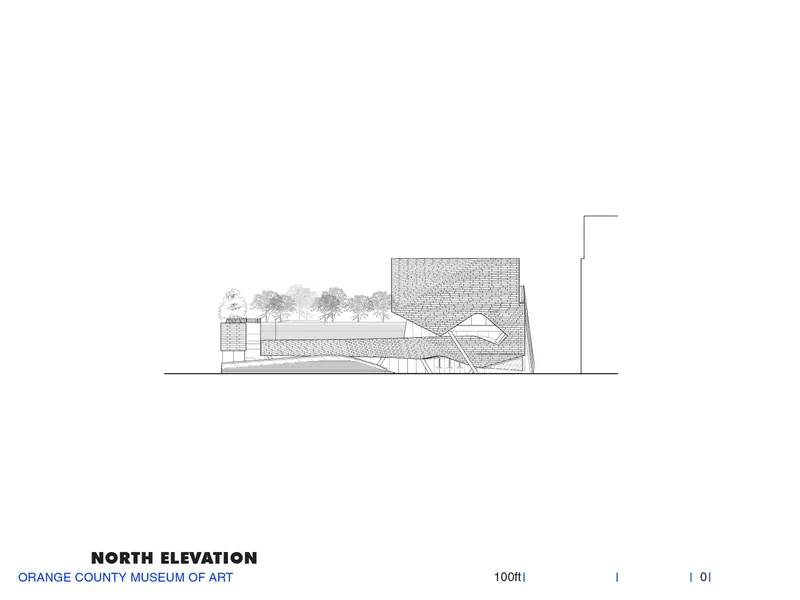 North elevation drawing showing curving forms beneath an angled roof with trees indicated in the background