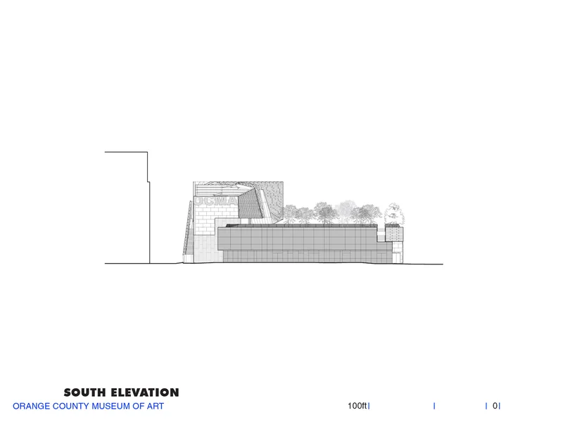 South elevation drawing showing a terraced volume with tiled roofscape and mature trees sketched above