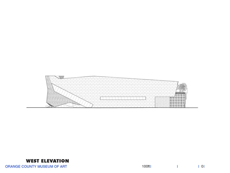 West elevation drawing showing an elongated facade with a diagonal sloping element at the left end