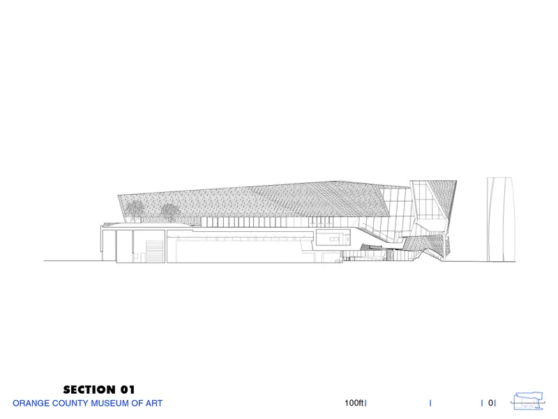 Section drawing cutting through the sloped roof and revealing interior gallery spaces below