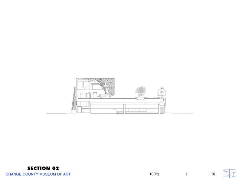 Section drawing showing a multistory volume with an angled facade and planted roof terrace with trees